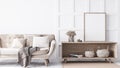 Interior design mock of luxury living room with elegant beige sofa, wood table, rattan stylish accessories.empty frame poster Royalty Free Stock Photo