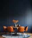 Interior design mockup of dining room with blank dark blue wall Royalty Free Stock Photo