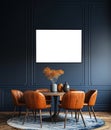 Interior design mockup of dining room with blank white framed picture on dark blue wall Royalty Free Stock Photo