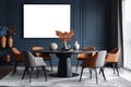 Interior design mockup of dining room with blank white framed picture on dark blue wall Royalty Free Stock Photo