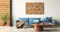 Interior design of modern apartment, blue leather sofa in living room, wooden coffee table, wall decor in home design 3d rendering Royalty Free Stock Photo