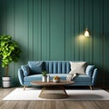 Interior design of modern apartment, blue sofa in living room, green wall, wooden panelling, home design 3d renderin