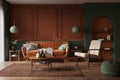 Interior design of modern apartment with colorful dark walls and orange sofa. Interior mockup, 3d render Royalty Free Stock Photo