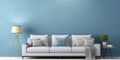 Interior design of modern apartment, gray sofa in living room over blue mock up wall, home design Royalty Free Stock Photo