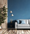 Interior design of modern apartment, gray sofa in living room over blue mock up wall, home design 3d rendering Royalty Free Stock Photo