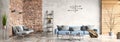 Interior design of modern apartment, living room with brick wall. Home design with blue and gray sofa. Panorama 3d rendering Royalty Free Stock Photo
