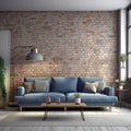 Interior design of modern apartment, living room with brick wall. Home design with blue and gray sofa. Panorama 3d rendering Royalty Free Stock Photo