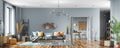 Interior design of modern apartment, living room and dining room. Home design. Panorama 3d rendering Royalty Free Stock Photo