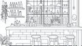 Bar Interior Sketch Bar, Stools, Shelves with Bottles, Hanging Plants Royalty Free Stock Photo