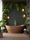 Interior design of modern bathroom, bath tub decorated with wood and greenery Royalty Free Stock Photo