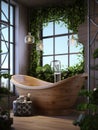 Interior design of modern bathroom, bath tub decorated with wood and greenery Royalty Free Stock Photo