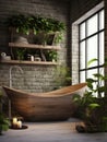 Interior design of modern bathroom, bath tub decorated with wood and greenery Royalty Free Stock Photo