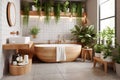 Interior design of modern bathroom, bath tub decorated with wood and greenery. Created with generative AI