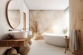 Interior design of modern bathroom with sandstone wall and rustic decor pieces. Created with generative AI