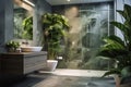 Interior design of a modern bathroom with shower, washbasin and big green plants in pots Royalty Free Stock Photo