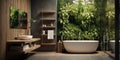 Interior design of modern bathroom with wooden rustic elements and greenery