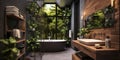 Interior design of modern bathroom with wooden rustic elements and greenery