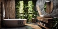 Interior design of modern bathroom with wooden rustic elements and greenery