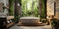 Interior design of modern bathroom with wooden rustic elements and greenery