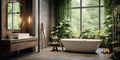 Interior design of modern bathroom with wooden rustic elements and greenery