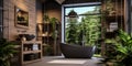 Interior design of modern bathroom with wooden rustic elements and greenery