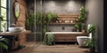 Interior design of modern bathroom with wooden rustic elements and greenery