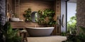 Interior design of modern bathroom with wooden rustic elements and greenery