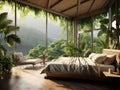 Interior design of modern bedroom with big panoramic windows in tropical forest Royalty Free Stock Photo
