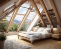 The interior design of a modern bedroom has wooden beams.