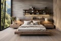 Interior design of a modern bedroom with wooden floor. Big windows with beautiful nature view. ai generated Royalty Free Stock Photo