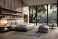 Interior design of a modern bedroom with wooden floor. Big windows with beautiful nature view. ai generated Royalty Free Stock Photo