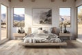 Interior design of a modern bedroom with wooden floor. Big windows with beautiful nature view. ai generated Royalty Free Stock Photo