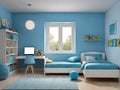 Interior design of modern children bedroom with light blue and white colors generated by AI. Royalty Free Stock Photo