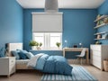 Interior design of modern children bedroom with light blue and white colors generated by AI. Royalty Free Stock Photo