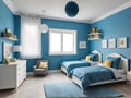 Interior design of modern children bedroom with light blue and white colors generated by AI. Royalty Free Stock Photo