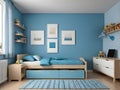 Interior design of modern children bedroom with light blue and white colors generated by AI. Royalty Free Stock Photo