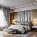 interior design modern classic style of bedroom with white wood and gold steel texture and gray furniture bed set with windows.
