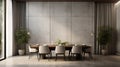Interior design of modern dining room with concrete wall and window curtain