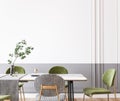 Interior design of modern dining room with green furniture, black and white table, contemporary style