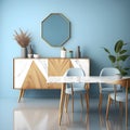 Interior design of modern dining room or living room, marble table and chairs. Wooden sideboard over blue wall. Home interior. 3d Royalty Free Stock Photo