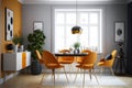 Interior design of modern dining room with orange furniture, Scandinavian style Generative AI Royalty Free Stock Photo