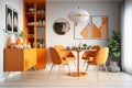 Interior design of modern dining room with orange furniture, Scandinavian style Generative AI Royalty Free Stock Photo