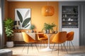 Interior design of modern dining room with orange furniture, Scandinavian style Generative AI Royalty Free Stock Photo