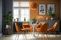 Interior design of modern dining room with orange furniture, Scandinavian style Generative AI Royalty Free Stock Photo