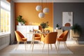 Interior design of modern dining room with orange furniture and wooden table, Scandinavian style. Generative AI Royalty Free Stock Photo