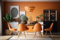 Interior design of modern dining room with orange furniture and wooden table, Scandinavian style. Generative AI Royalty Free Stock Photo
