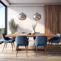 Interior design of modern dining room, wooden table and blue chairs 3d rendering Royalty Free Stock Photo