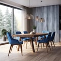 Interior design of modern dining room, wooden table and blue chairs 3d rendering Royalty Free Stock Photo