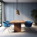 Interior design of modern dining room, wooden table and blue chairs 3d rendering Royalty Free Stock Photo