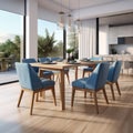 Interior design of modern dining room, wooden table and blue chairs 3d rendering Royalty Free Stock Photo